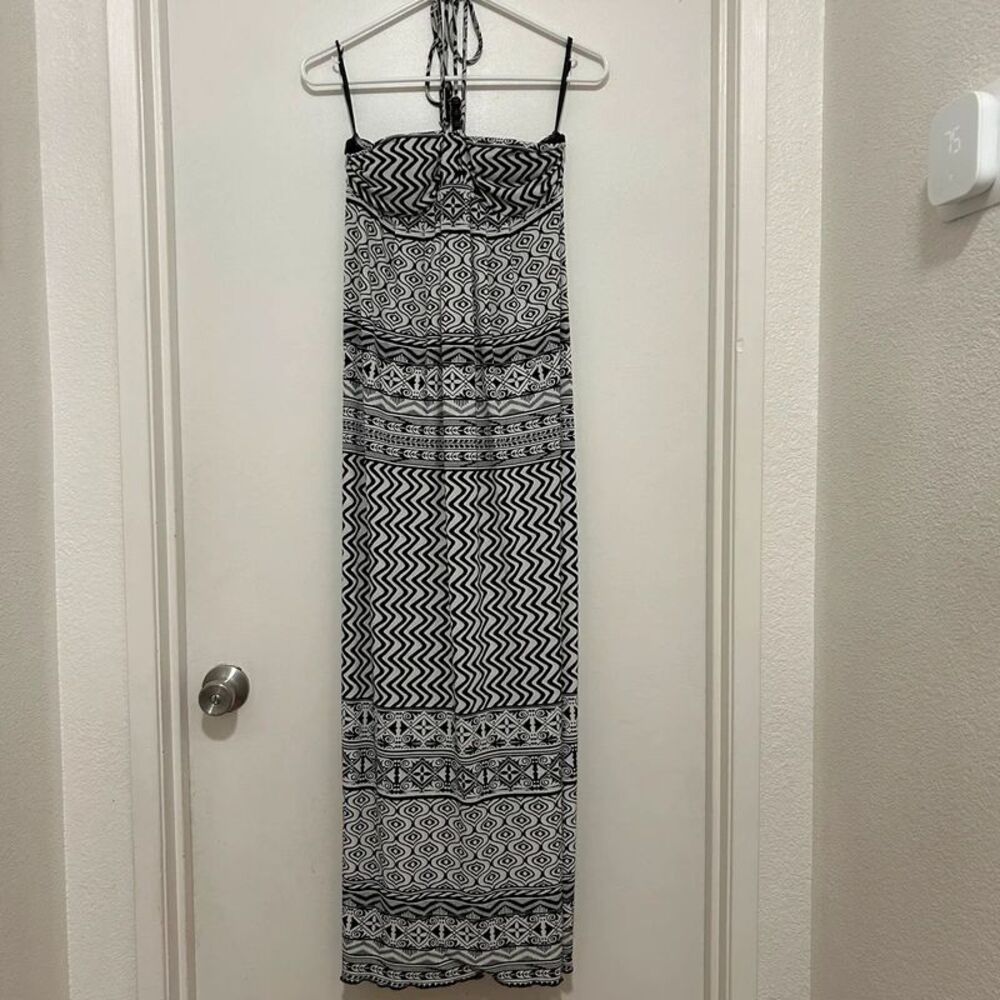 Boho Geometric Black & White Halter Maxi Dress Wooden Bead Straps Size M